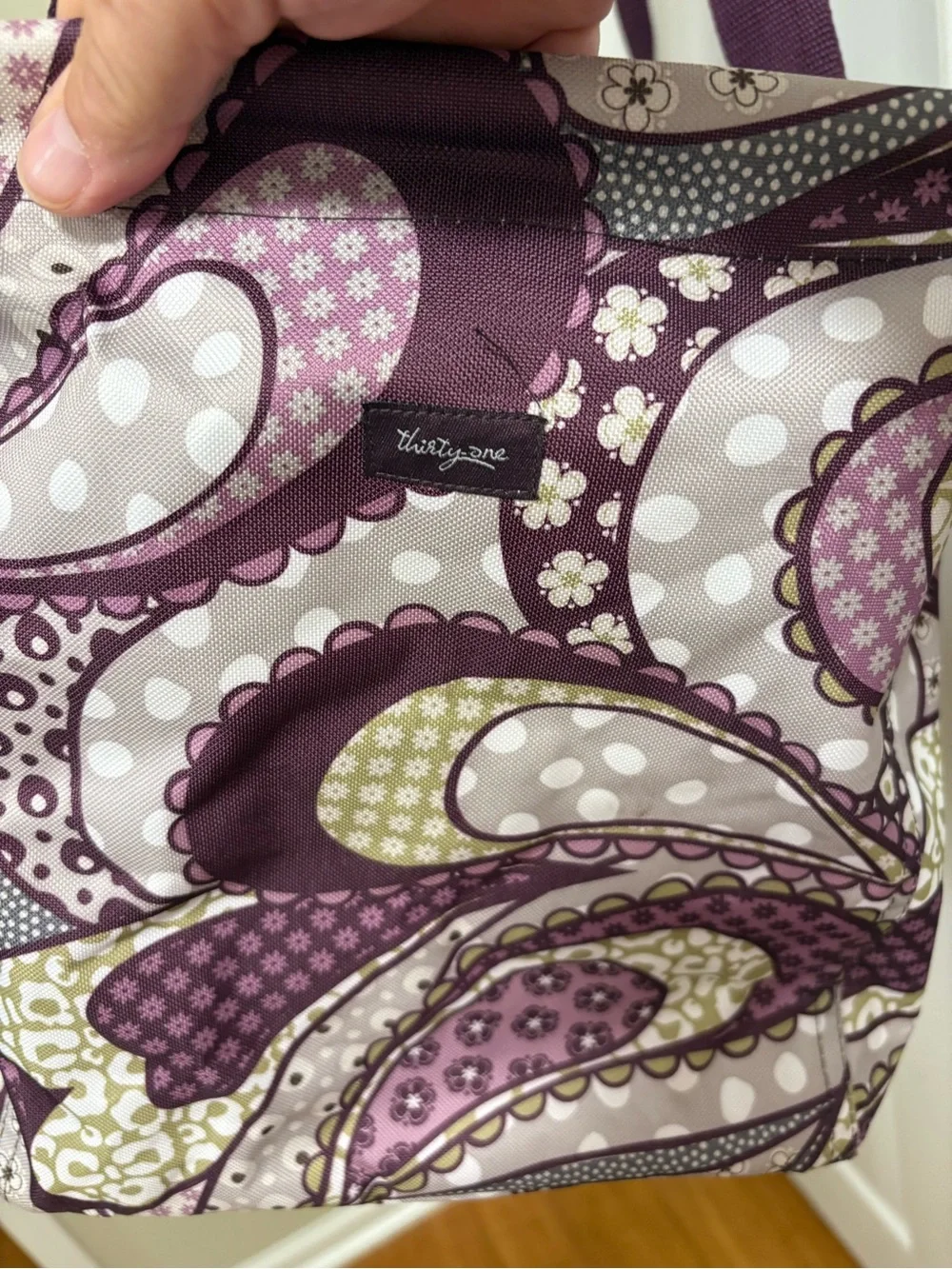 Thirty-one large utility tote in purple paisley pattern